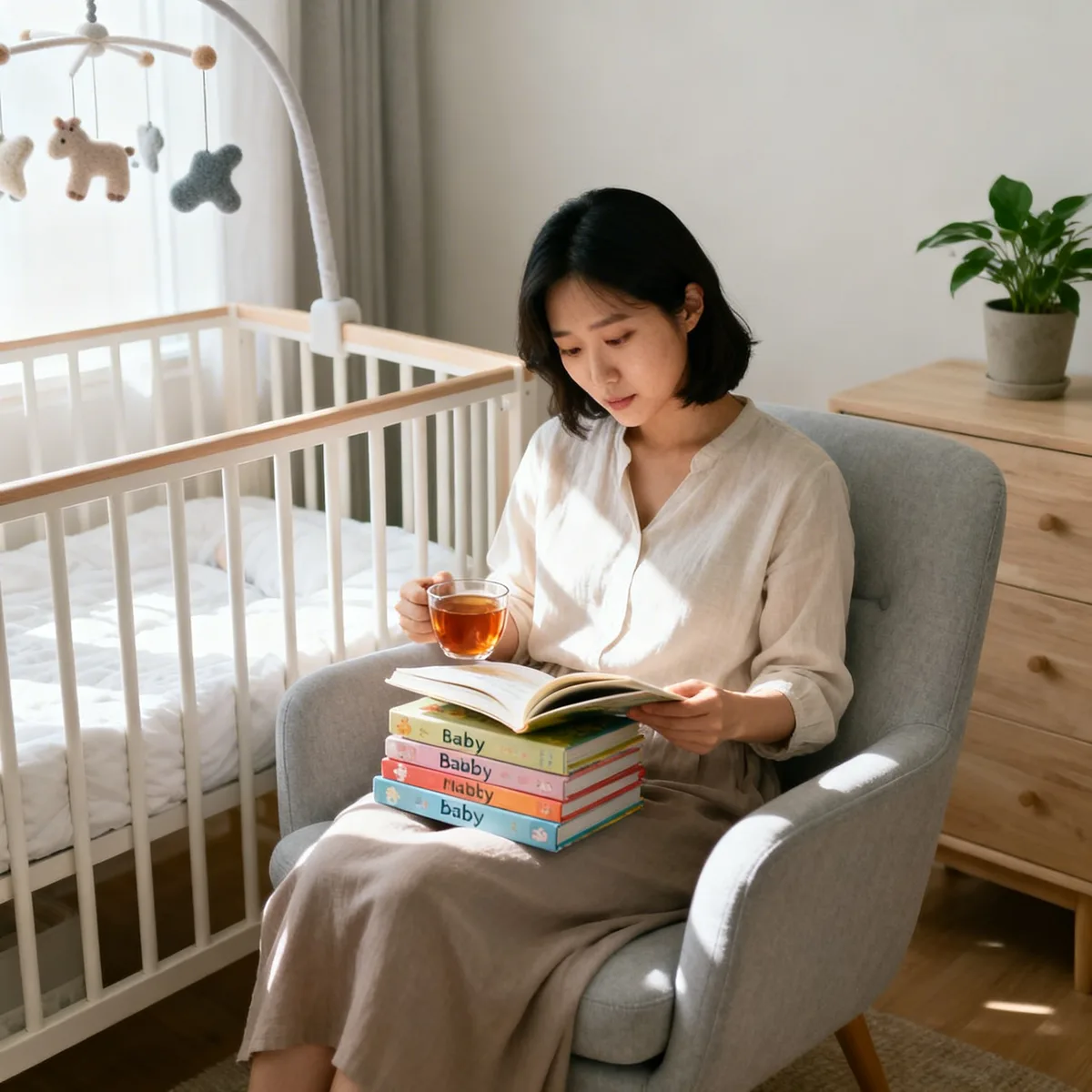 Korean mother researching unique baby girl names in nursery with soft window light