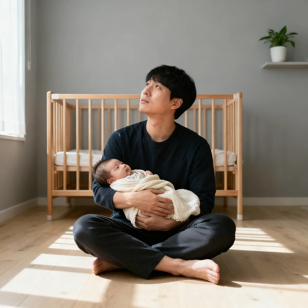 Korean father holding newborn in minimalist nursery with soft window light