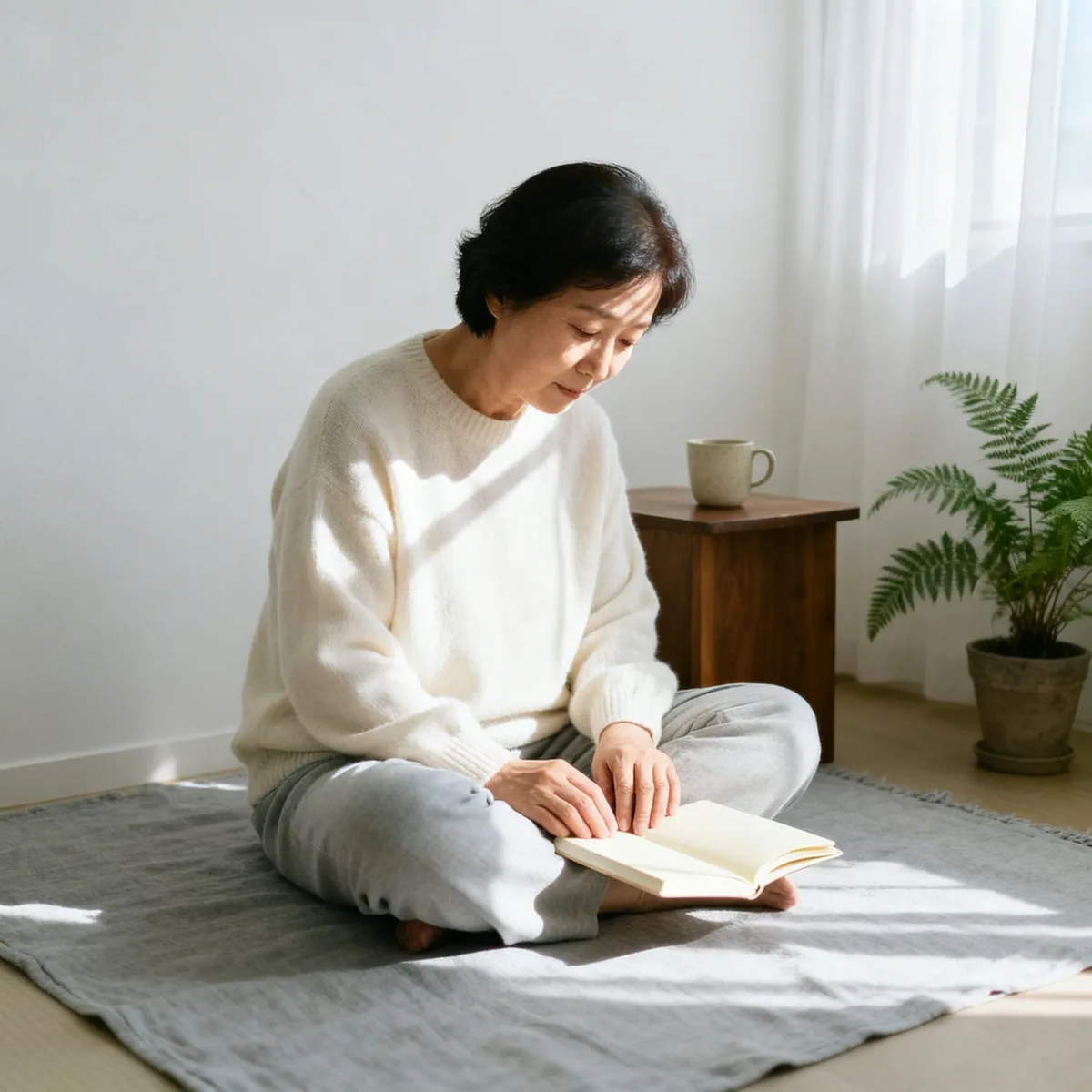 Mother thoughtfully considering Japanese baby names in peaceful morning light