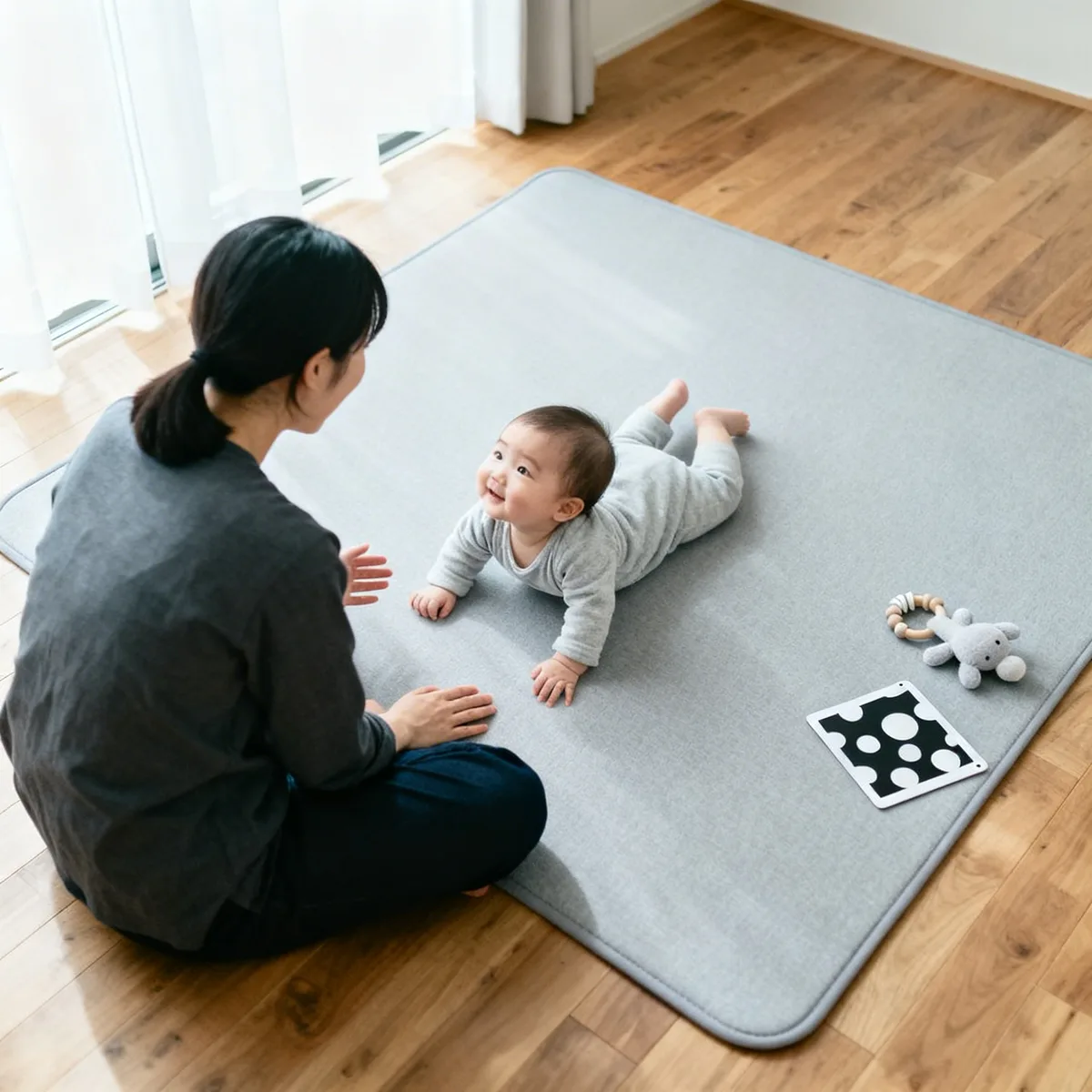 Korean mother encouraging baby during tummy time on gray mat with minimal toys