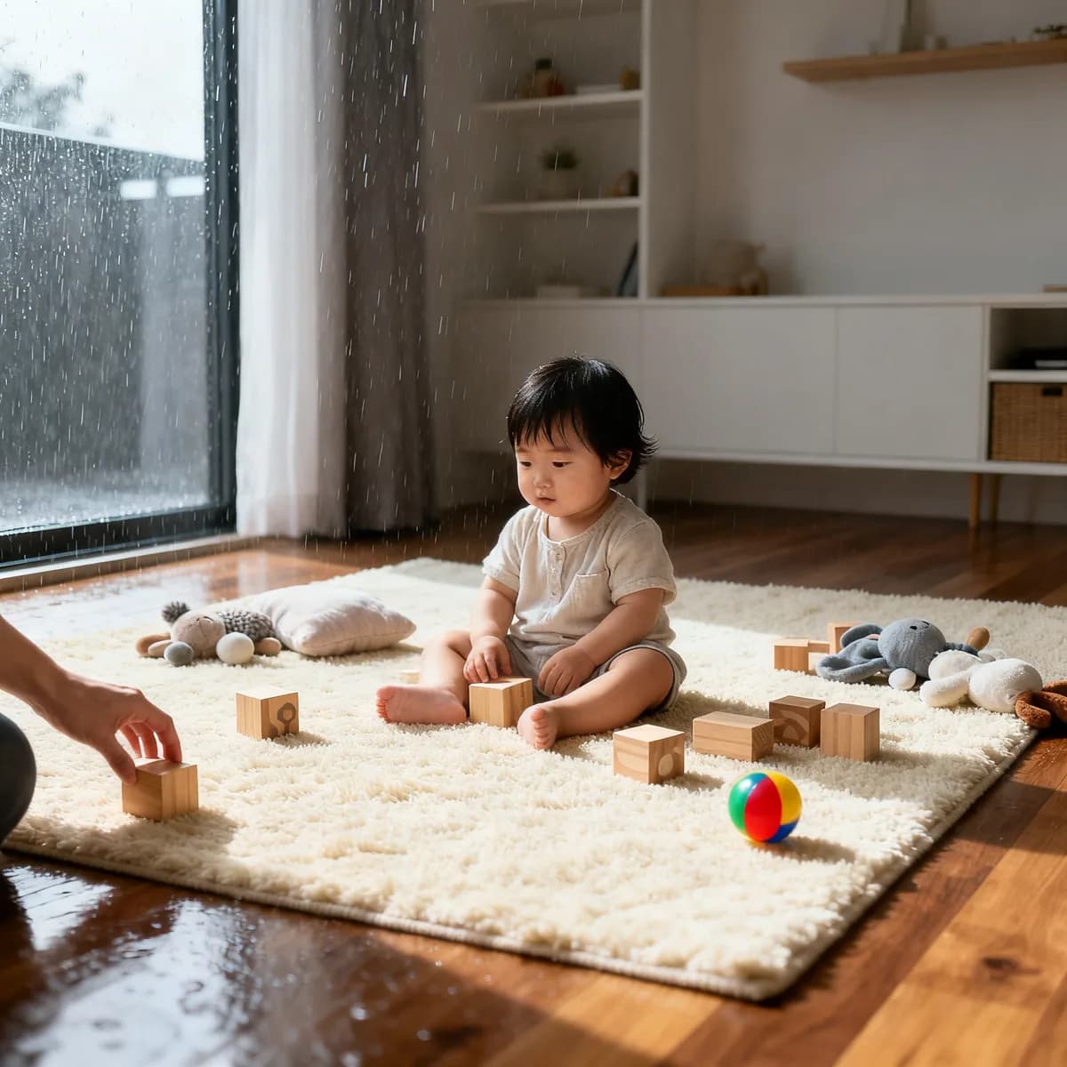 Toddler playing with wooden blocks and toys on a rug during rainy day indoor activities