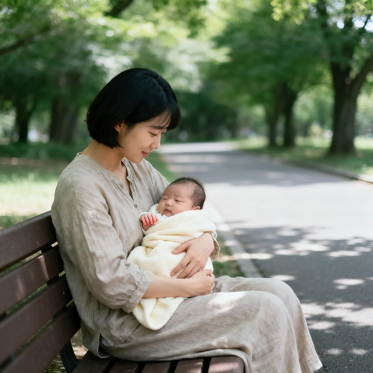 Korean mother holding newborn baby on park bench in dappled shade for safe outdoor activities