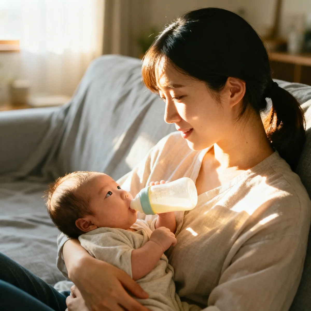 Korean mother bottle feeding newborn in semi-upright position on couch for comfort