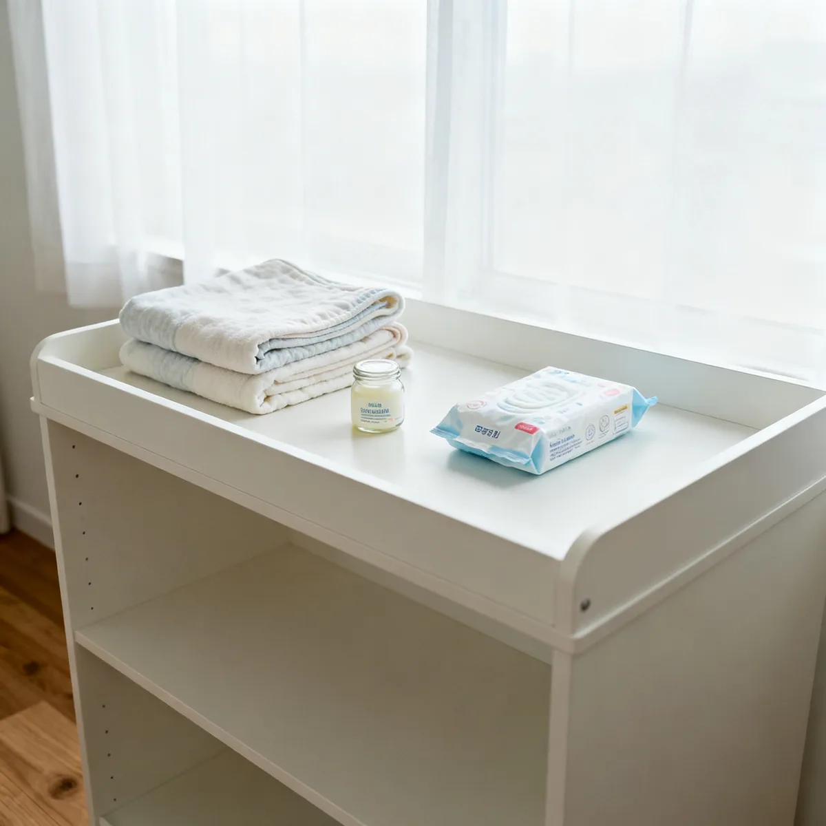 Minimalist nursery changing table with essential newborn basics in soft natural light