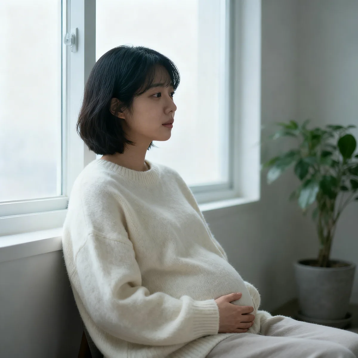 Expectant mother at 7 weeks pregnant, hand on belly by window light