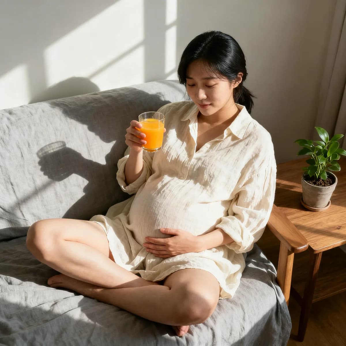 Pregnant woman at 22 weeks resting hand on belly while sitting on couch with natural window light