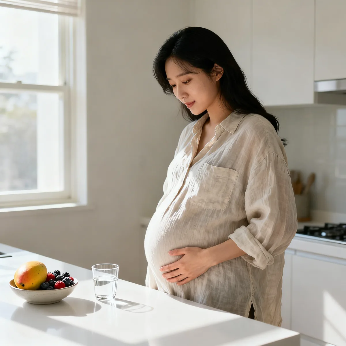 Pregnant woman at kitchen counter at 23 weeks with fresh fruit and water