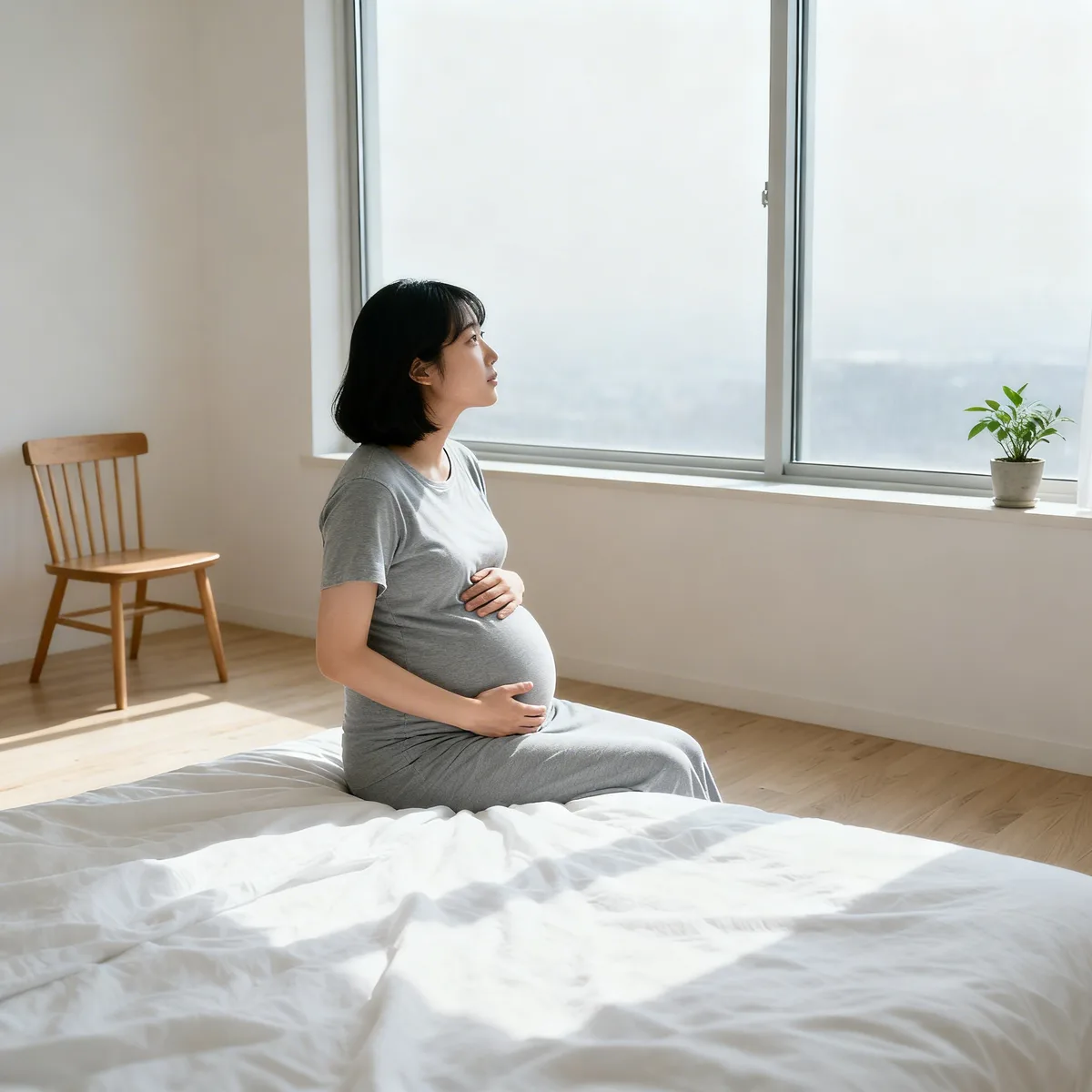 Pregnant woman at 25 weeks sitting by window in bright bedroom, hand on belly