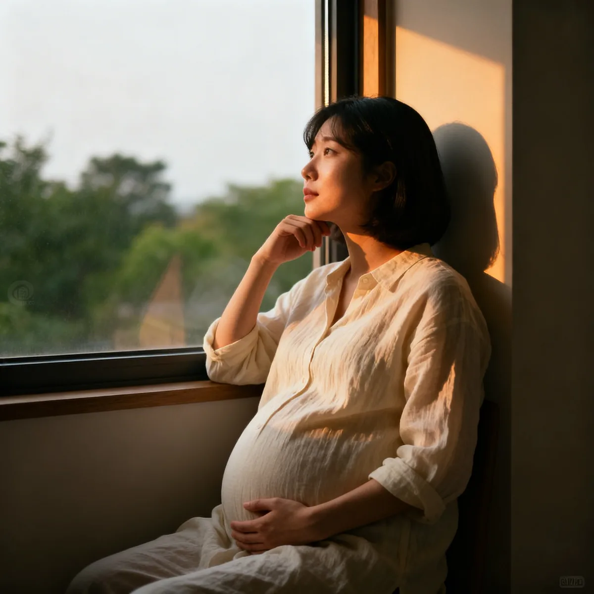 Pregnant woman at 26 weeks touching belly near sunlit window during pregnancy