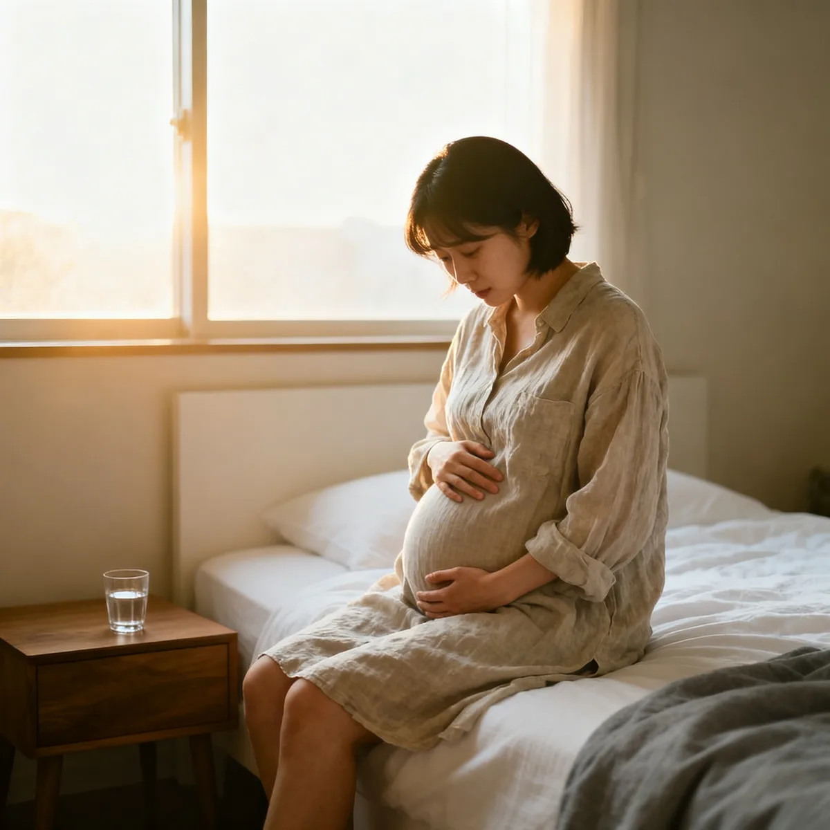 Pregnant mother at 29 weeks touching her belly thoughtfully in soft window light