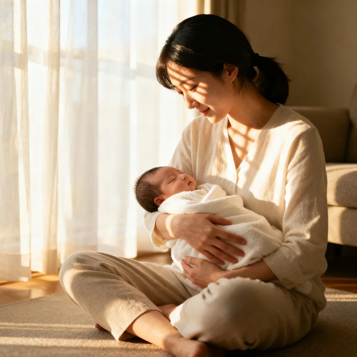 Korean mother holding newborn baby in warm afternoon light, honoring Indian baby names
