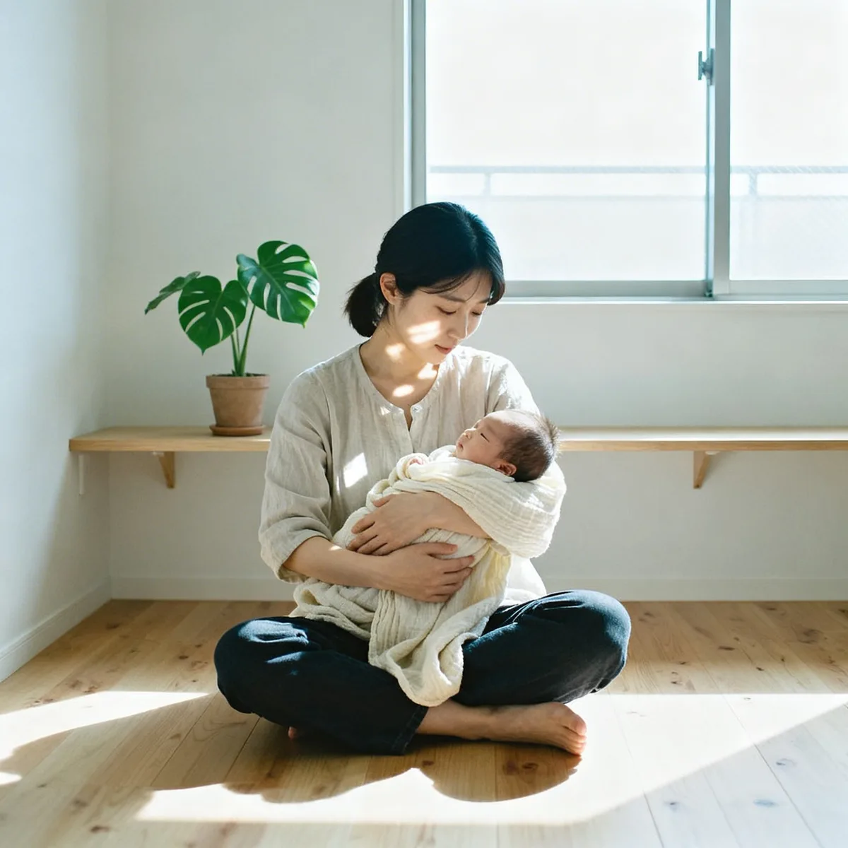 Korean mother holding newborn in serene nursery with Hawaiian baby name meaning
