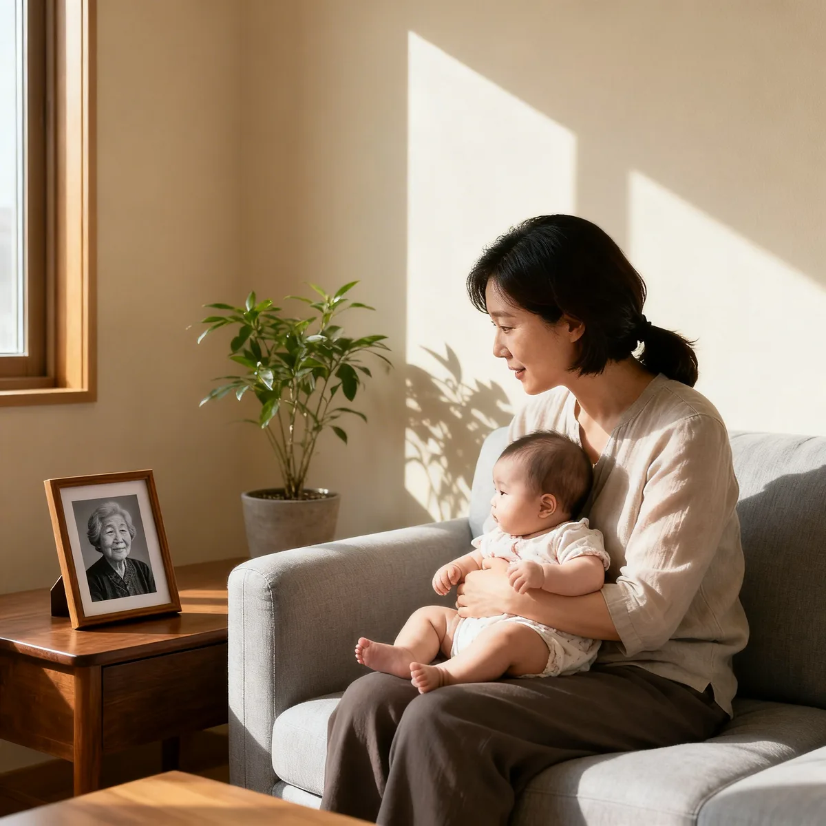 Korean mother holding baby on sofa with grandmother's photo, vintage baby names