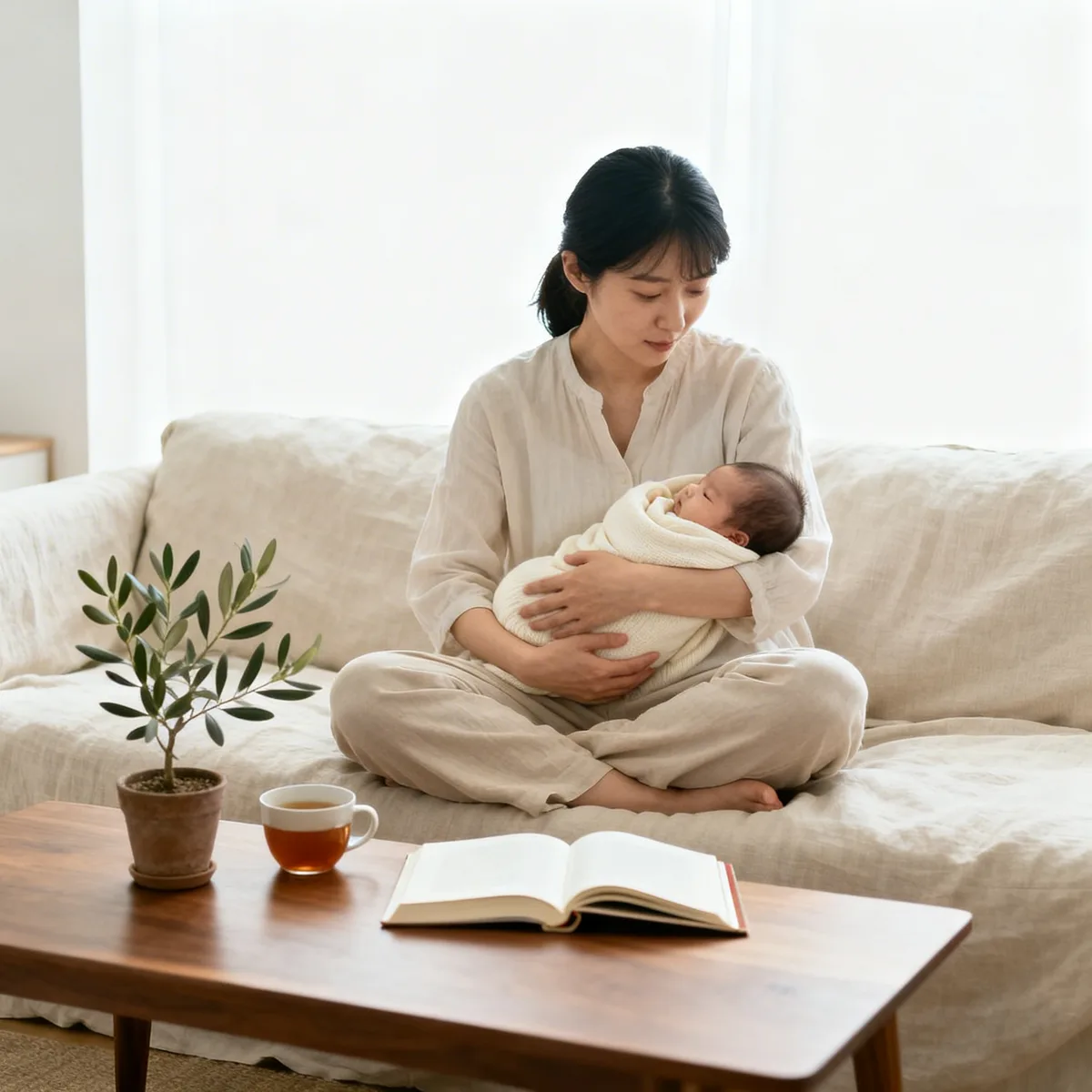 Korean mother holding newborn on sofa with olive plant, exploring Greek baby names for her daughter