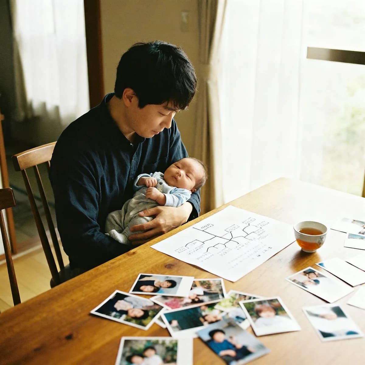 Korean father holding newborn baby at dining table in natural light, family photos nearby