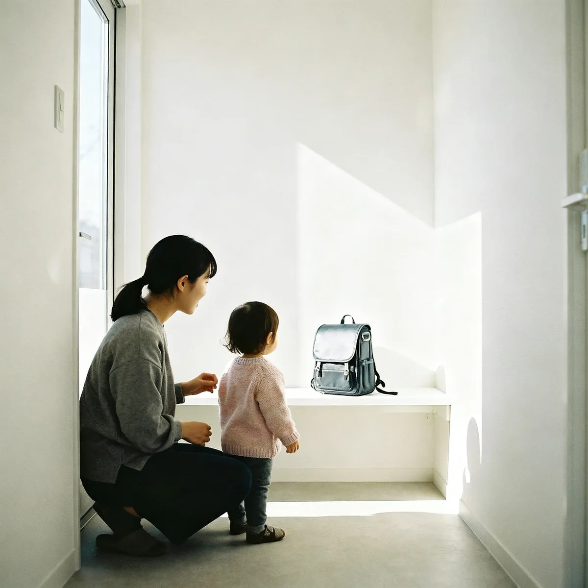 Korean mother and toddler in bright entryway preparing for daycare