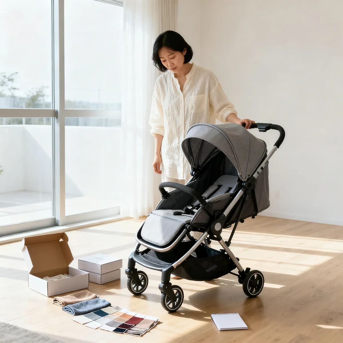 Mother examining stroller features in bright living room with natural light