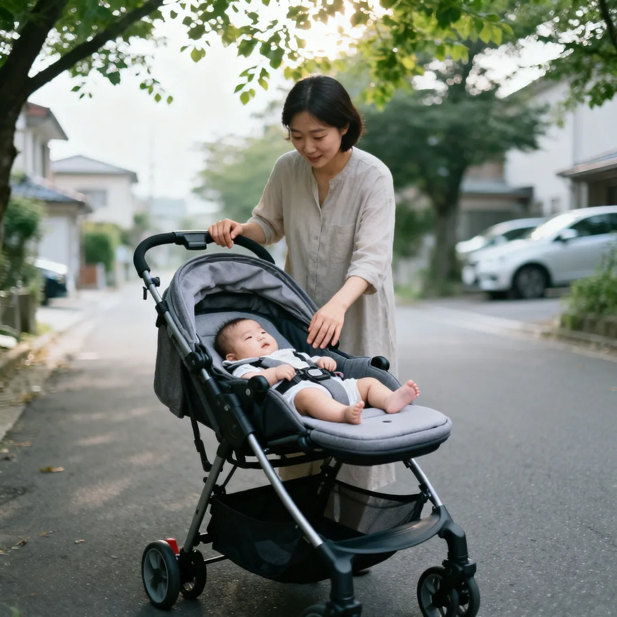 Korean mother with newborn in flat-position stroller on quiet residential street