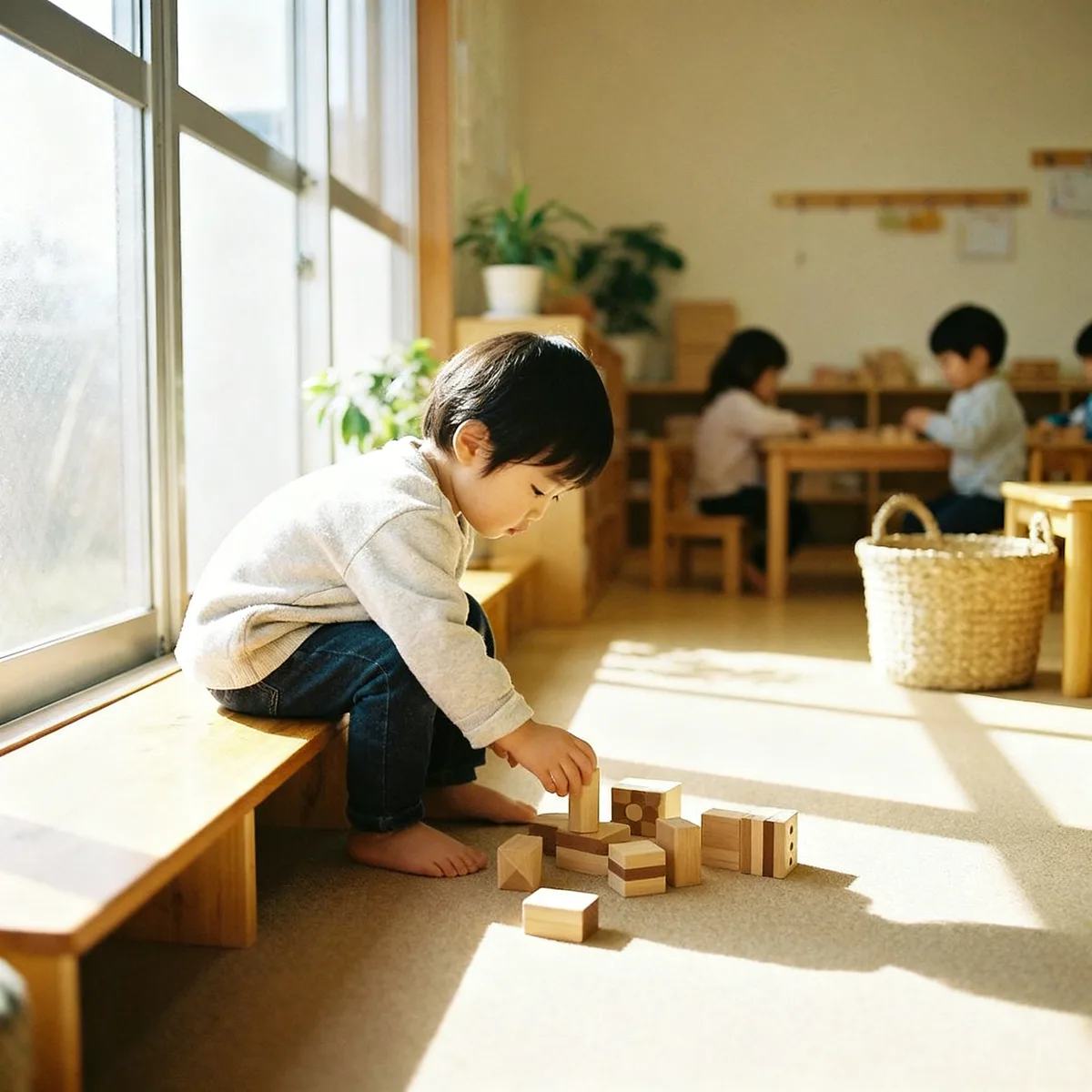 Toddler playing independently with blocks in a bright preschool classroom, showing preschool readiness signs