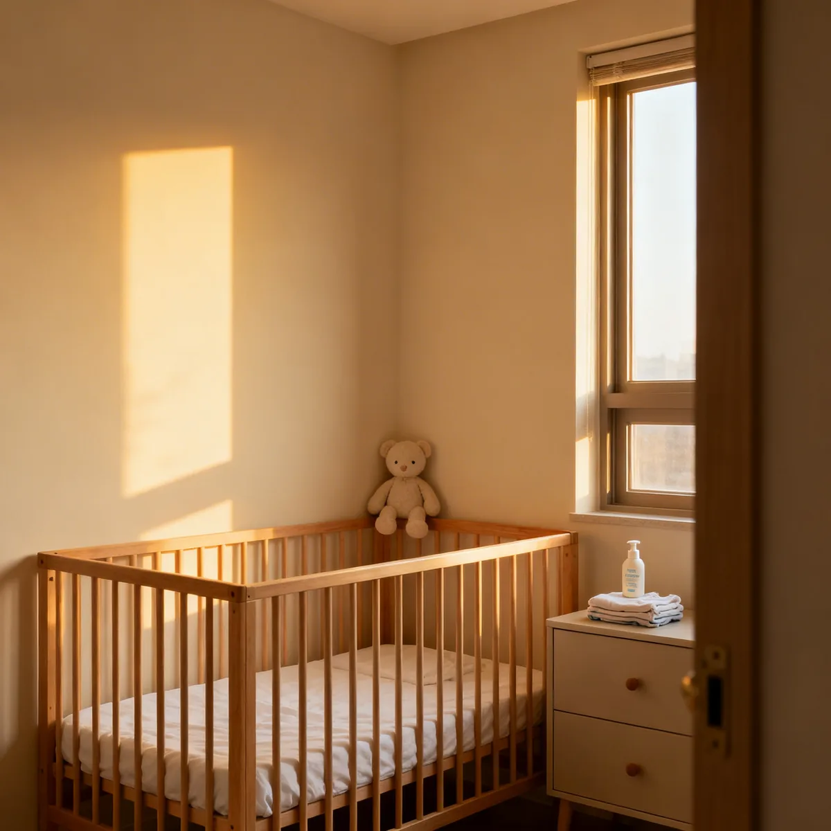 Minimal nursery with wooden crib and essential items in warm afternoon light
