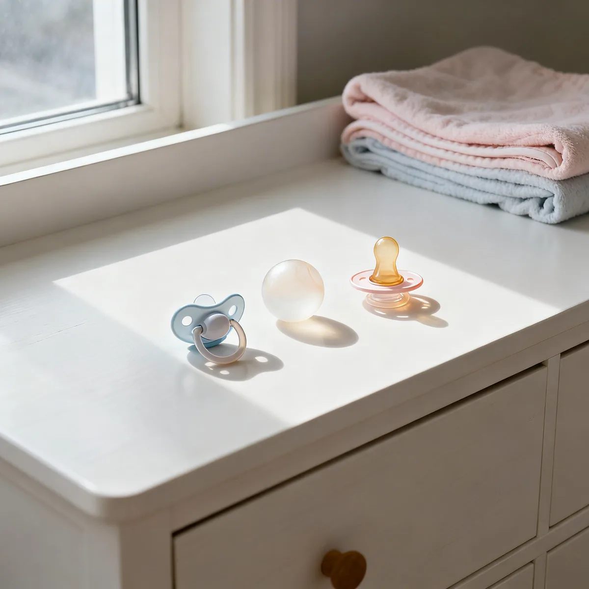 Three different baby pacifier types arranged on a changing table with soft natural light
