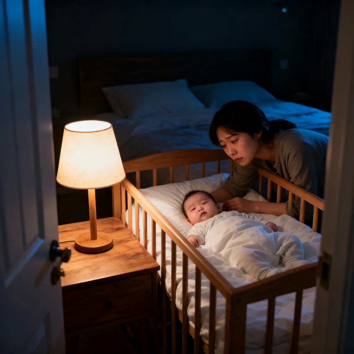 Tired Korean mother comforting baby in crib at night, soft lamp light illuminating bedroom