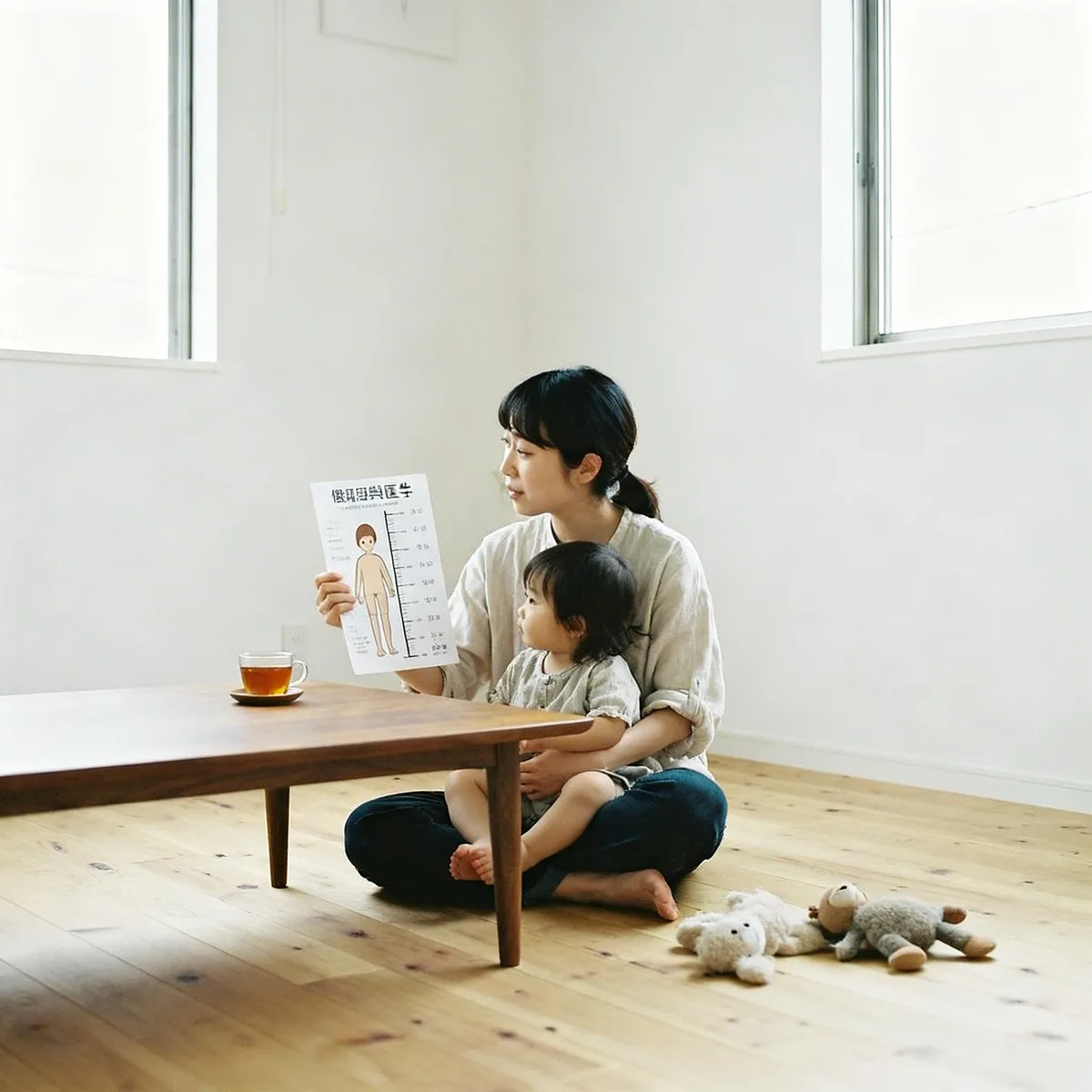 Korean mother and toddler reviewing baby growth chart percentiles together in bright living room