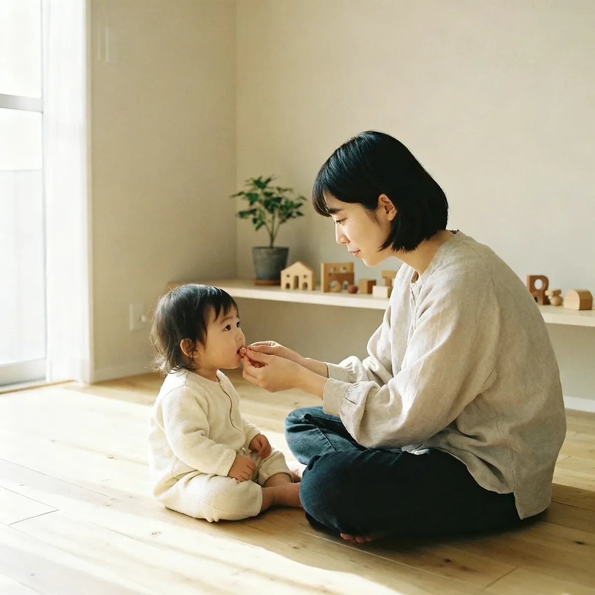 Korean mother examining toddler's mouth with calm patience during biting phase