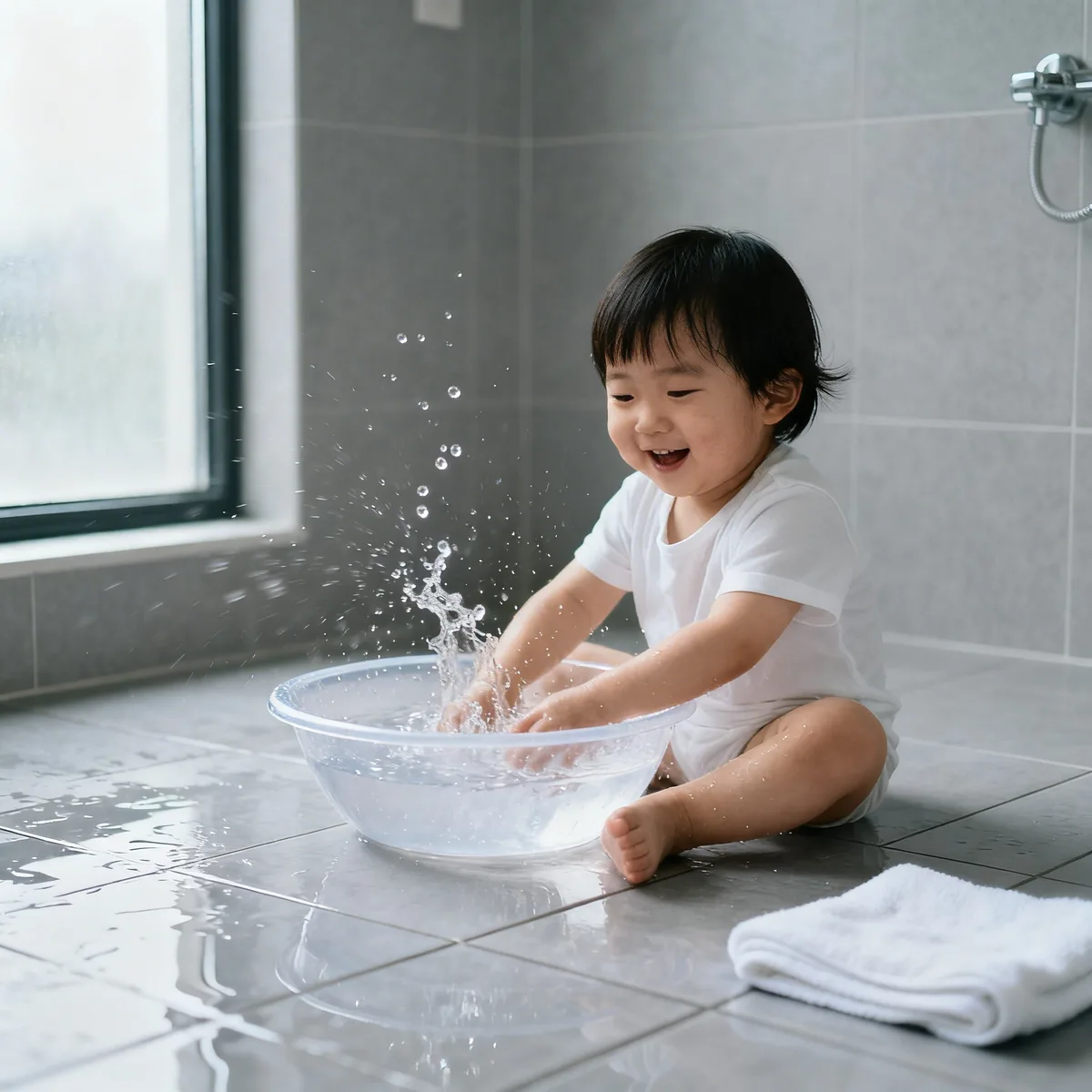 Toddler playing in shallow water basin on bathroom floor in natural light