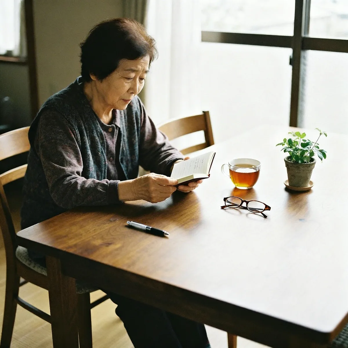 Korean mother thoughtfully considering middle names at a dining table with tea and notebook