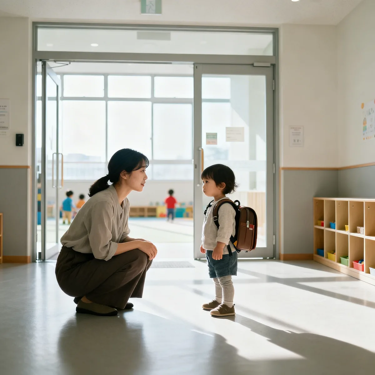 Korean mother comforting toddler at daycare drop-off during separation anxiety moment