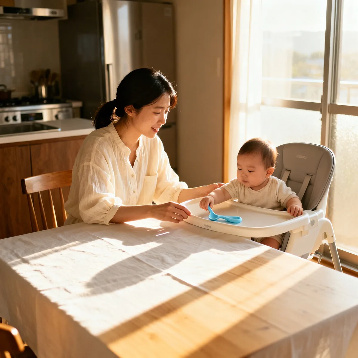 Korean mother helping baby eat in modern high chair at bright dining table