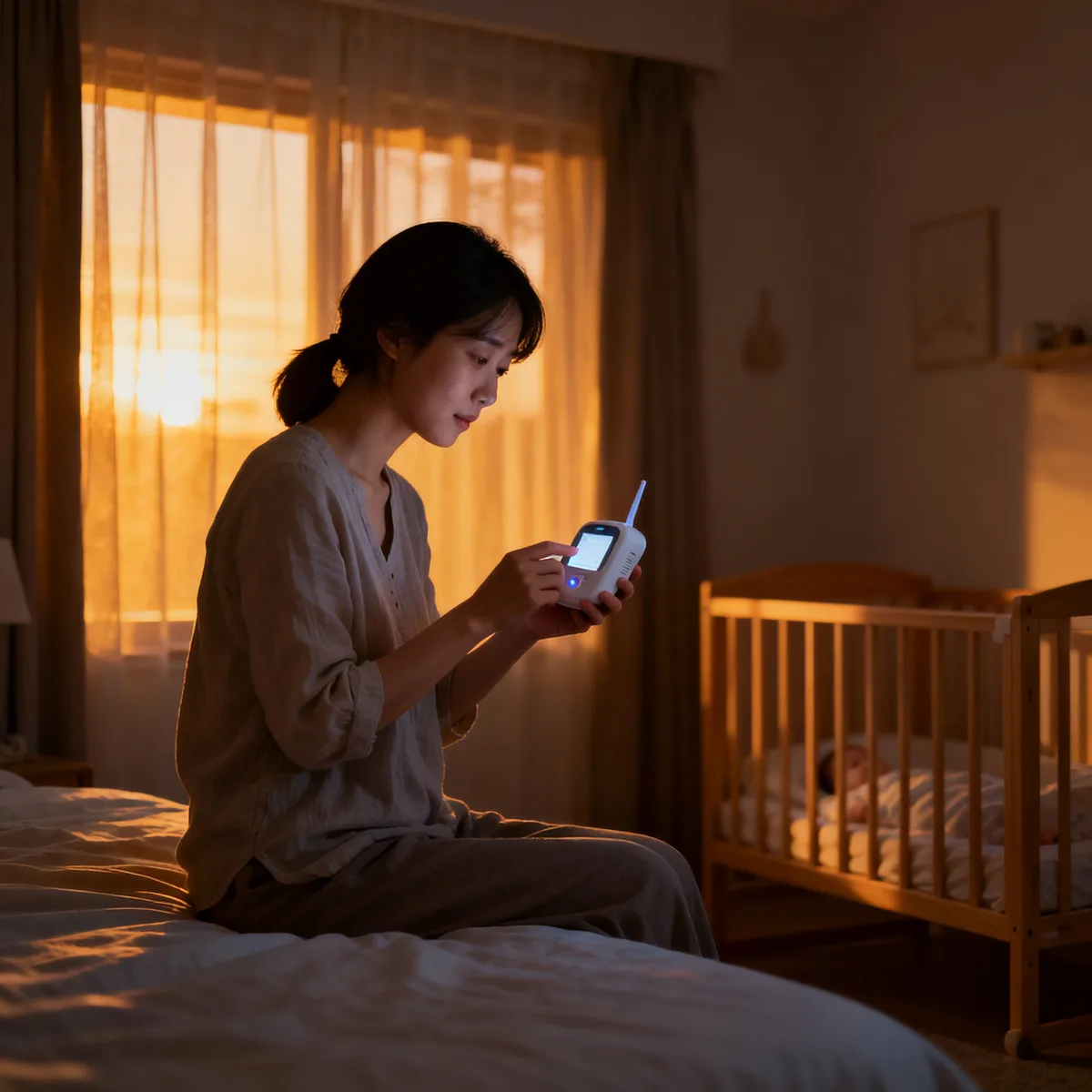 Korean mother reviewing baby monitor types at bedside during evening
