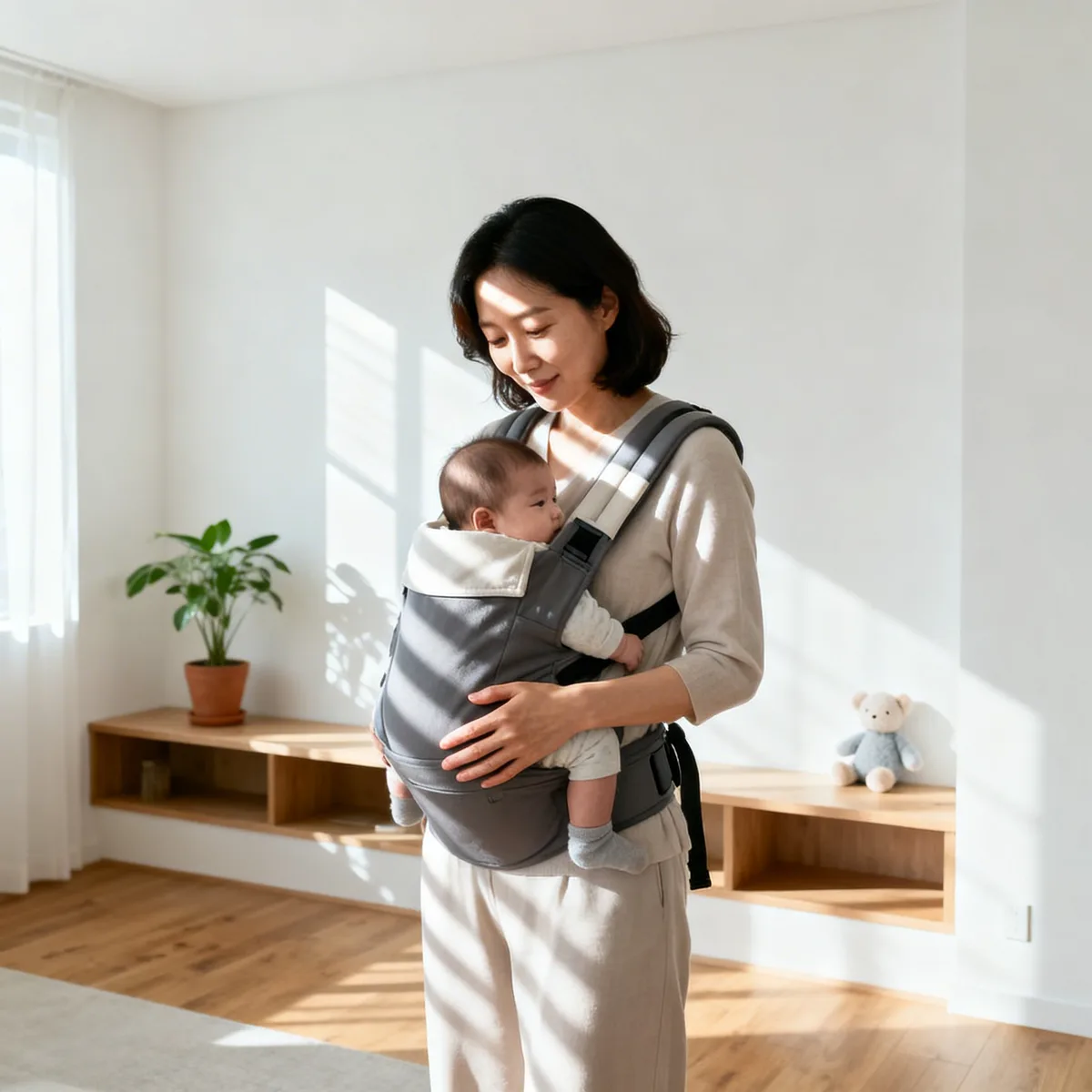 Korean mother wearing a structured baby carrier in bright morning light