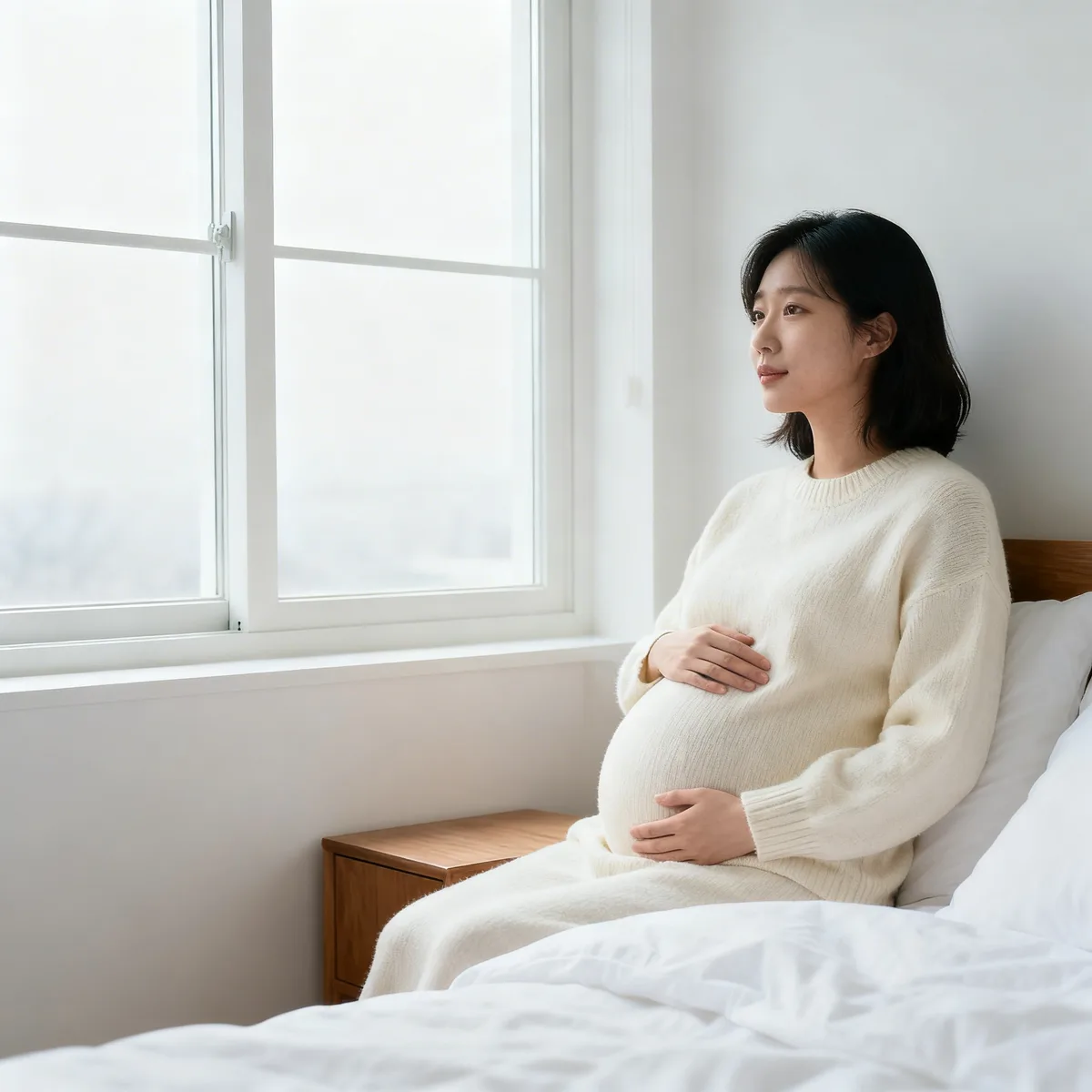 Pregnant woman at 15 weeks touching belly by bright window, feeling baby movement and energy return
