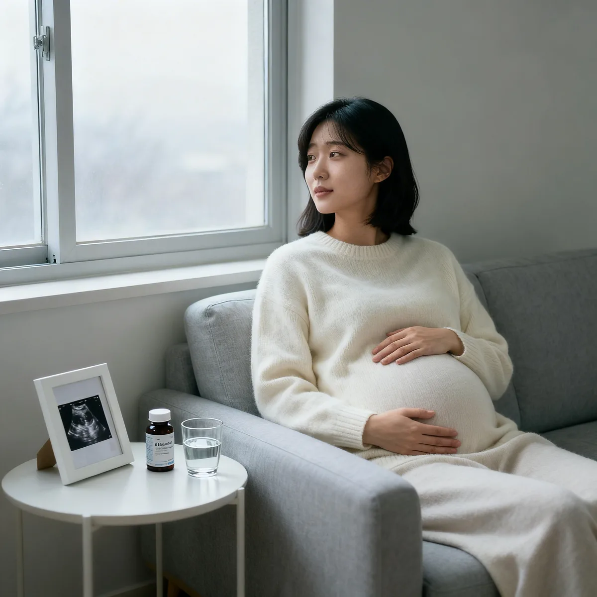 Pregnant woman at 18 weeks resting hand on belly by window light