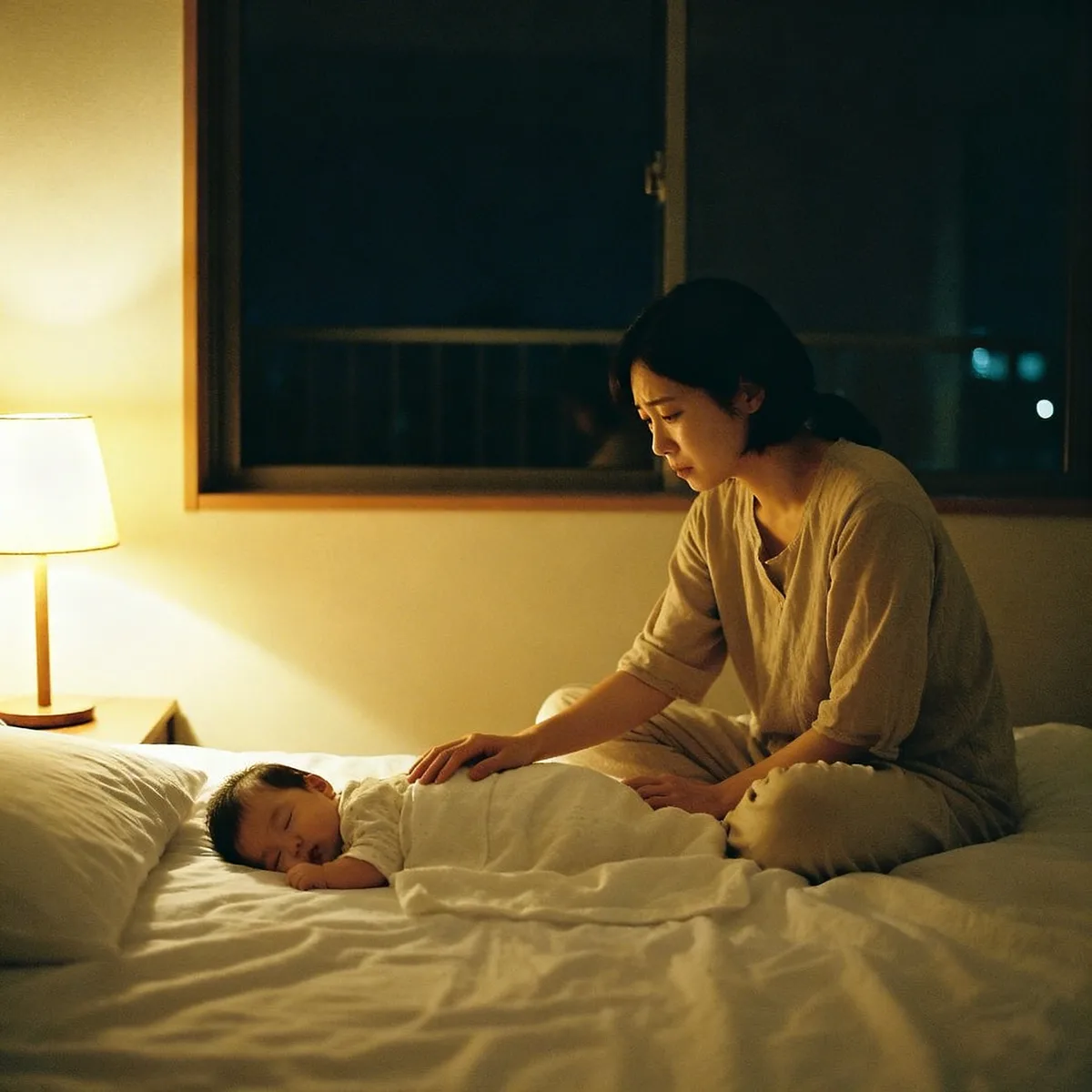 Tired Korean mother comforting 8 month sleep regression baby at night