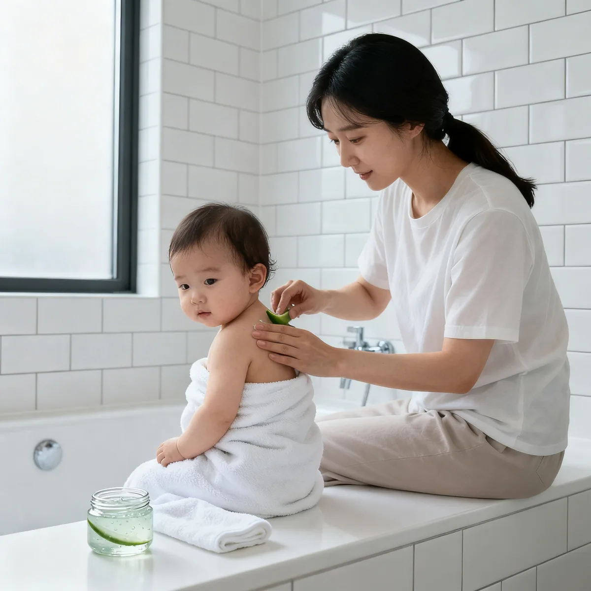 Korean mother applying cooling gel to baby's sunburned shoulder in bright bathroom