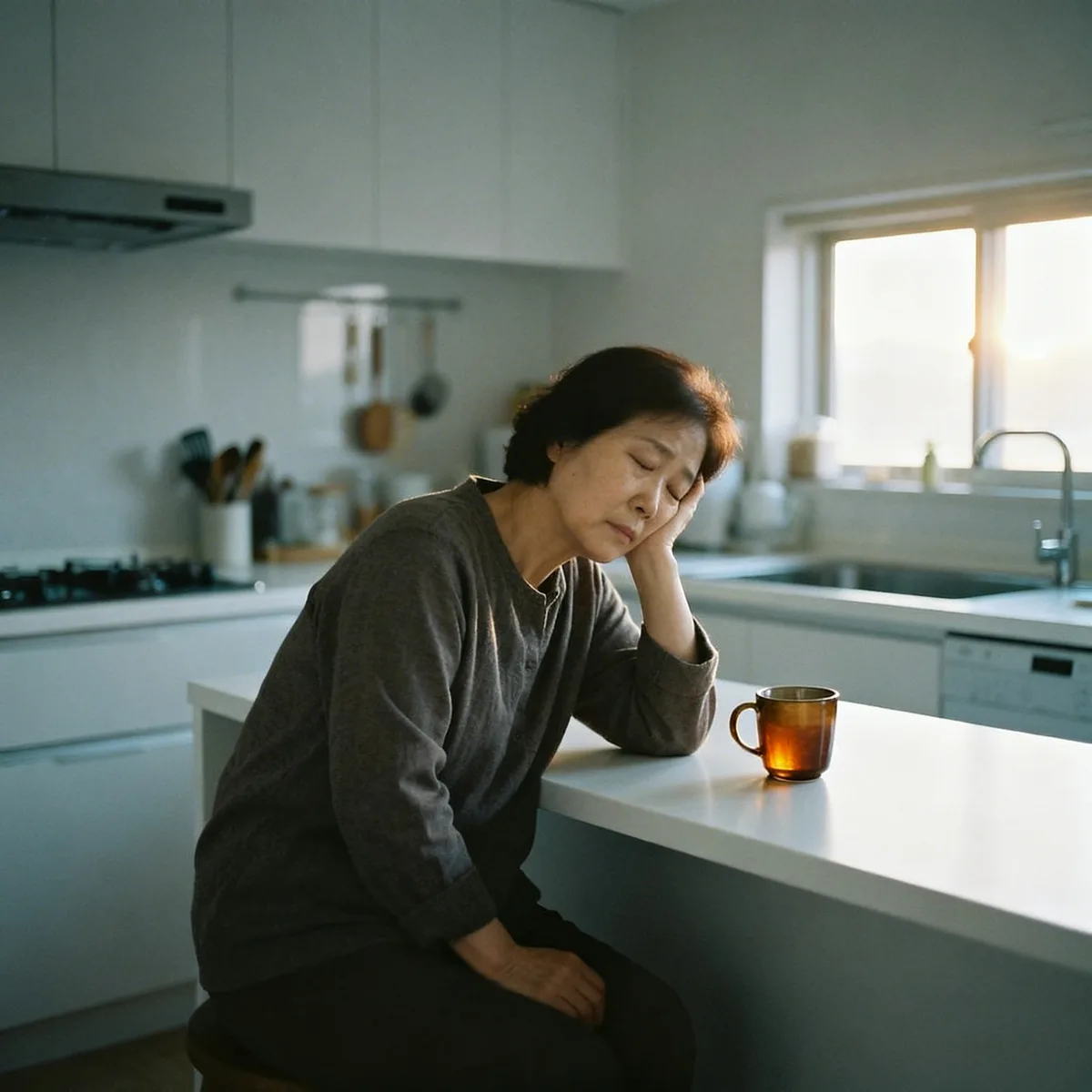 Exhausted Korean mother sitting alone on kitchen counter in early morning light, depicting mom burnout and emotional fatigue