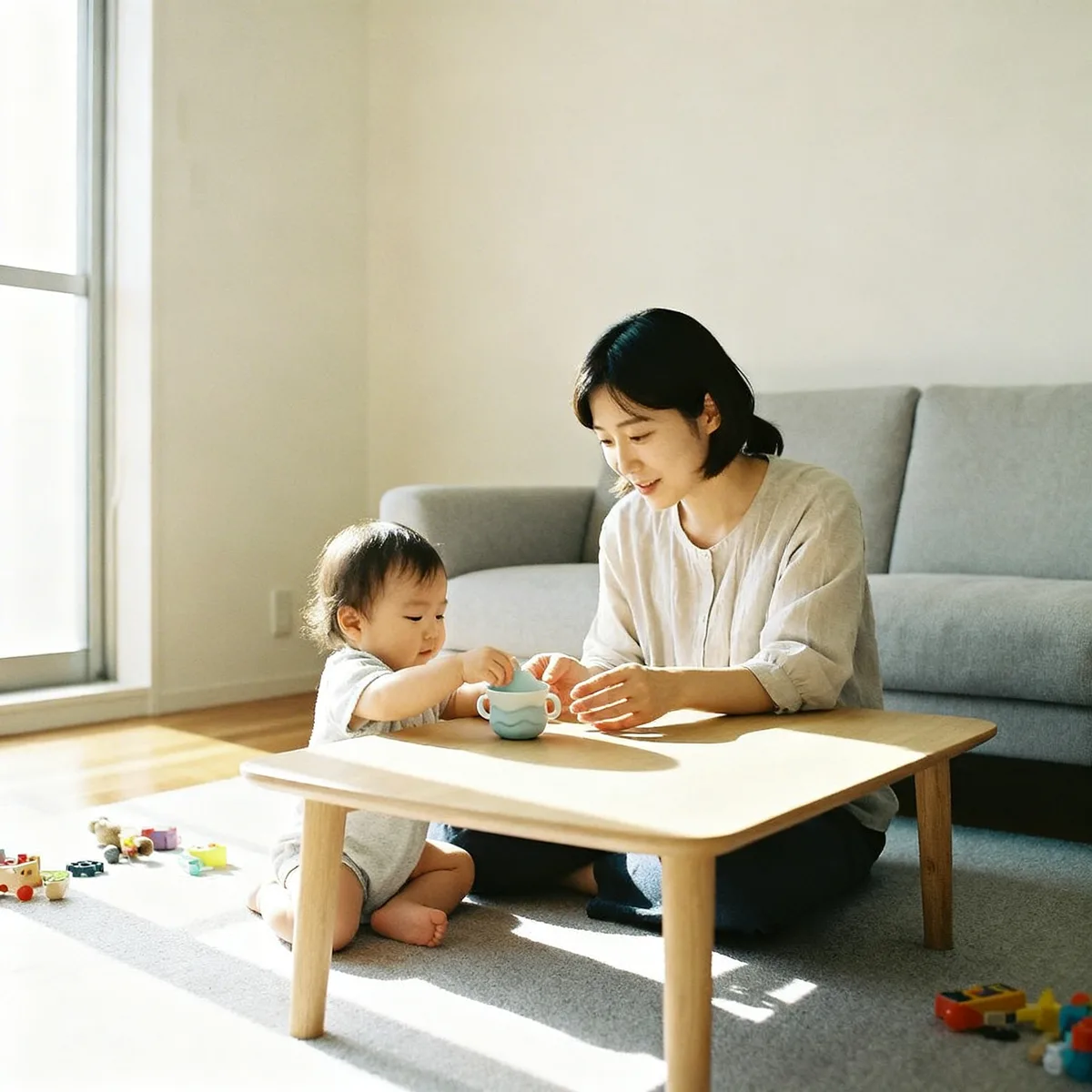 Korean mother encouraging baby to drink from cup during weaning transition at 12 months