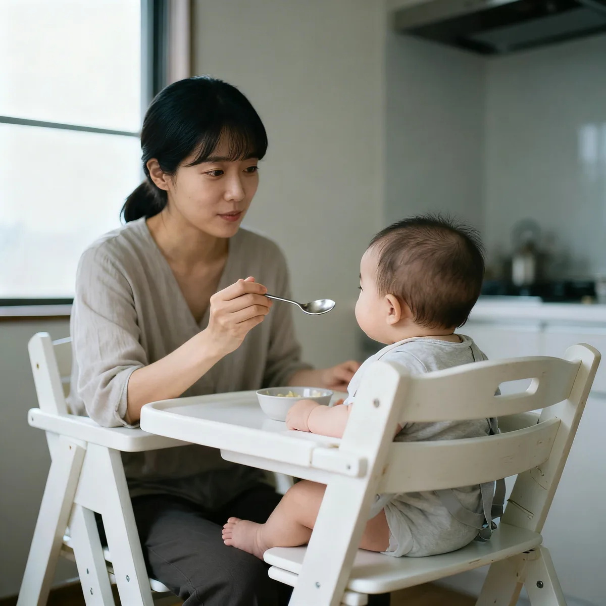 Korean mother calmly offering solids to resistant 8-month baby at high chair