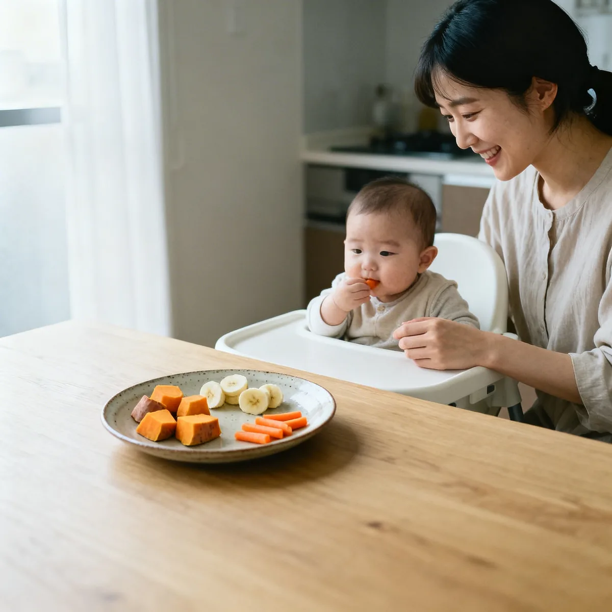 Korean mother watching her 6-month-old try soft finger foods at a dining table