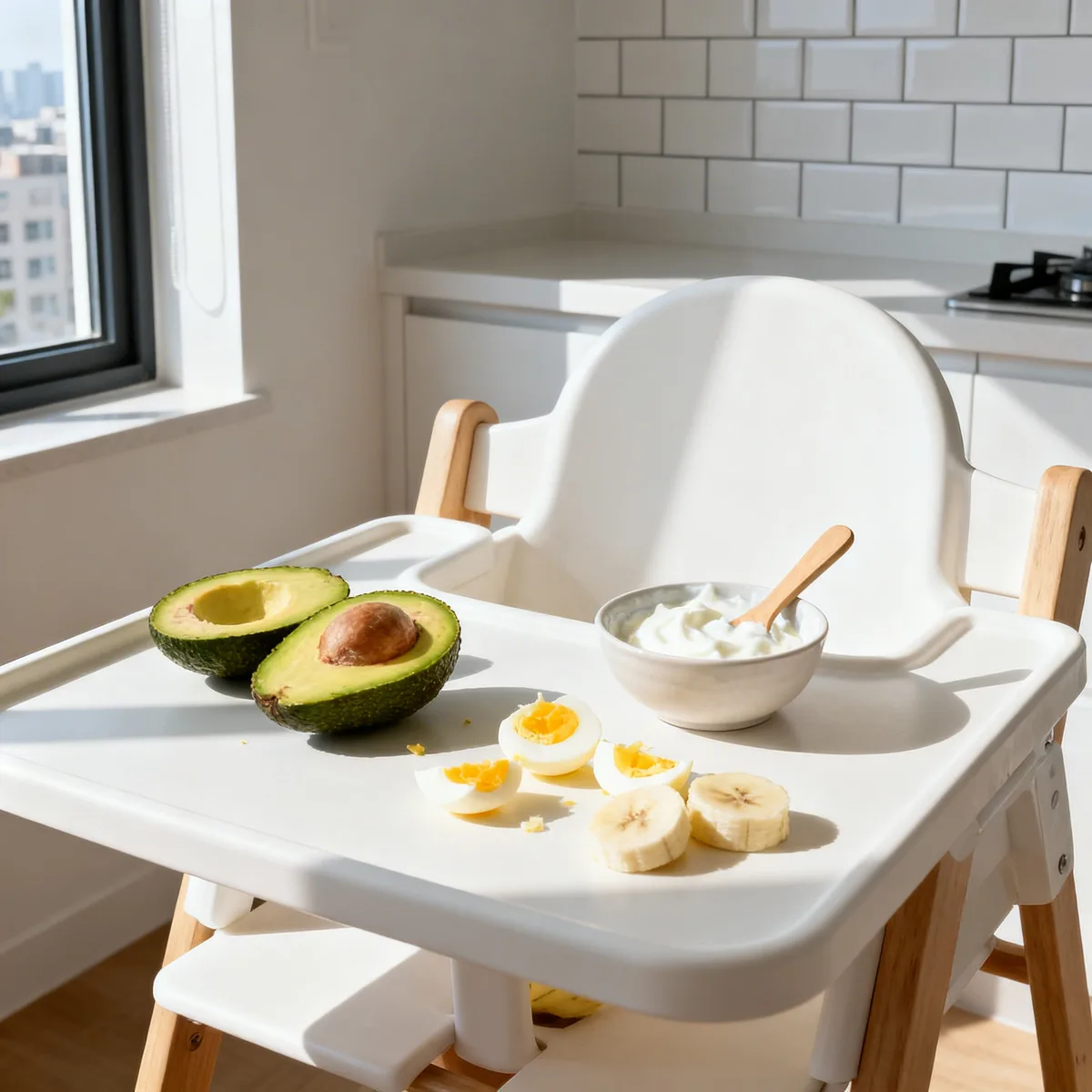 Nutrient-dense toddler foods on a high chair tray for increasing toddler weight