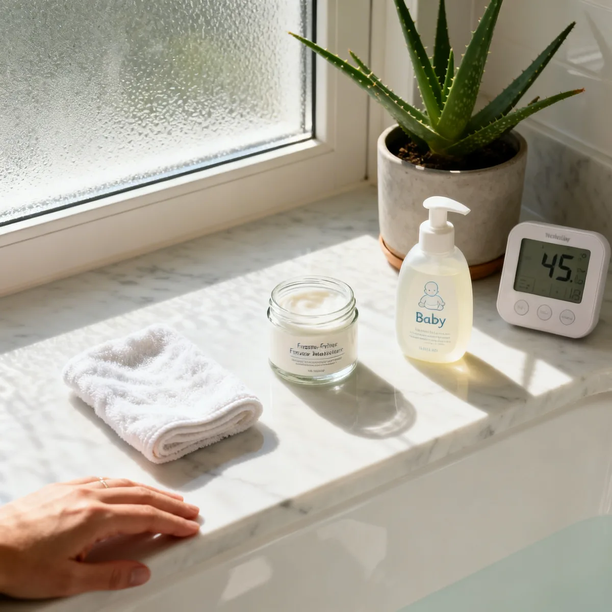 Baby eczema flare-up triggers: skincare essentials and humidity monitor on marble bathroom counter