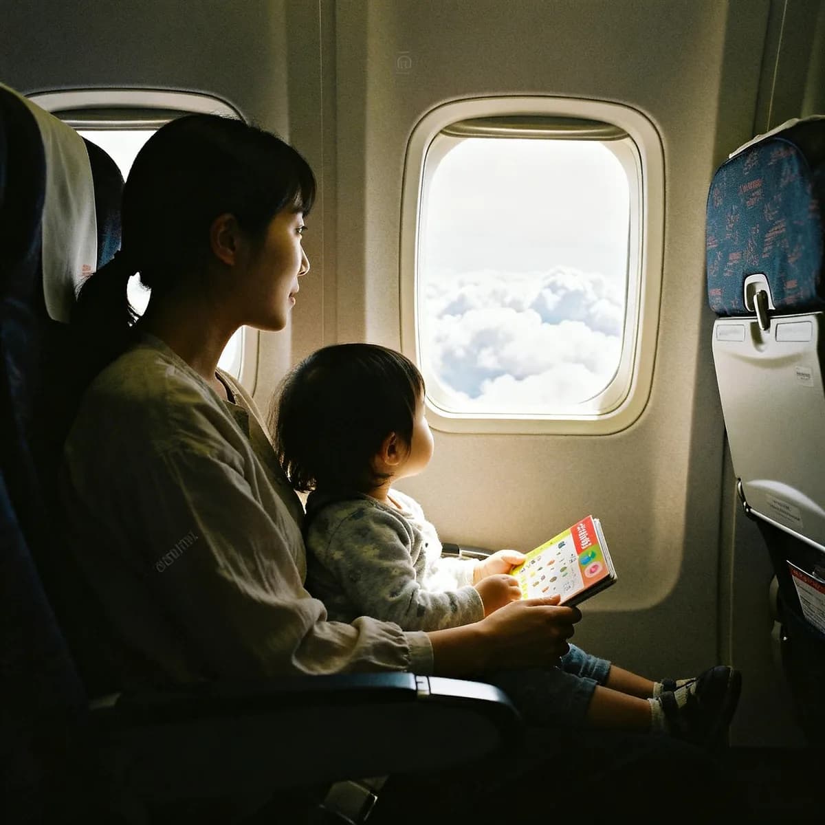 Mother and toddler sitting in airplane window seat with cloud view during flight