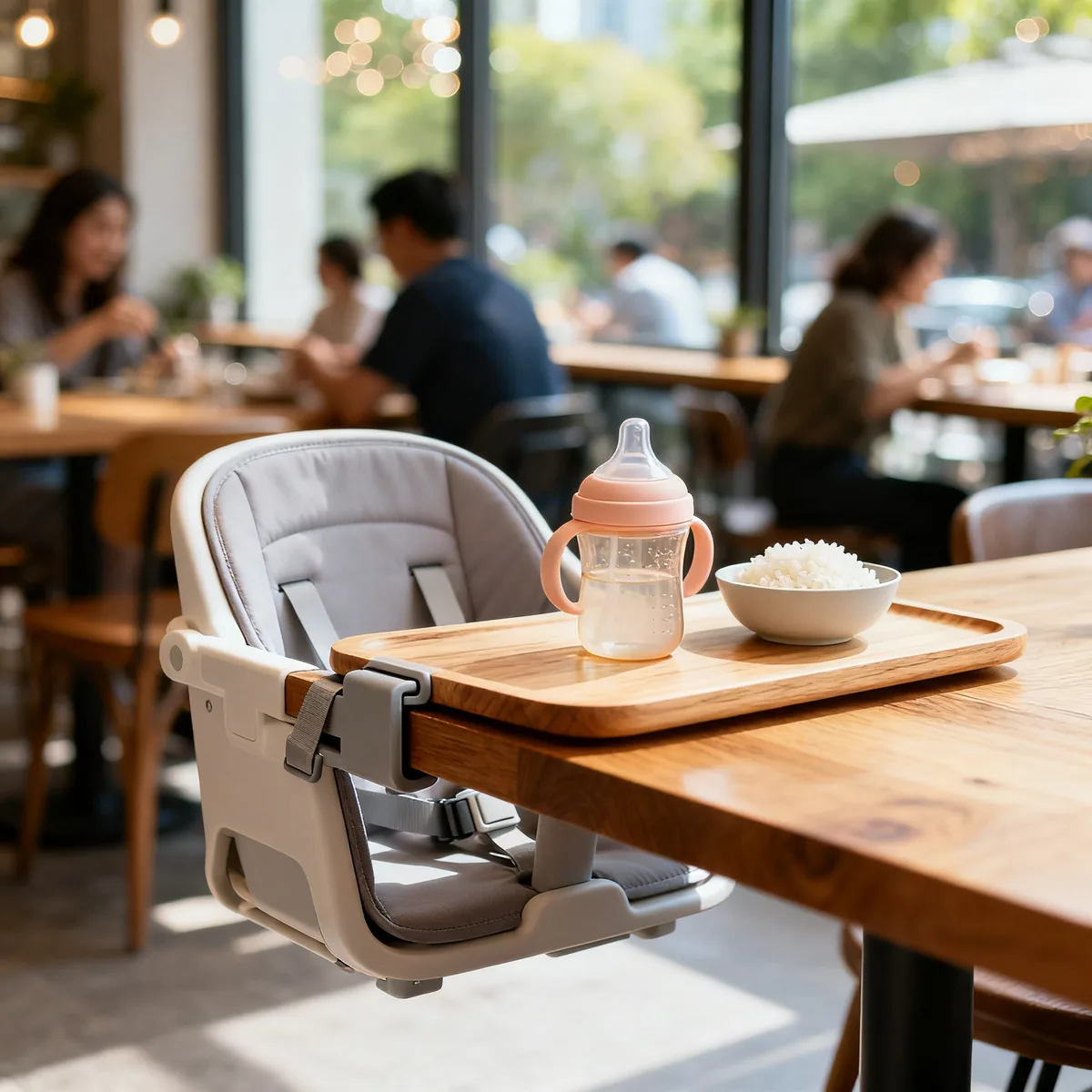Portable high chair clipped to café table with feeding tray and baby cup for travel