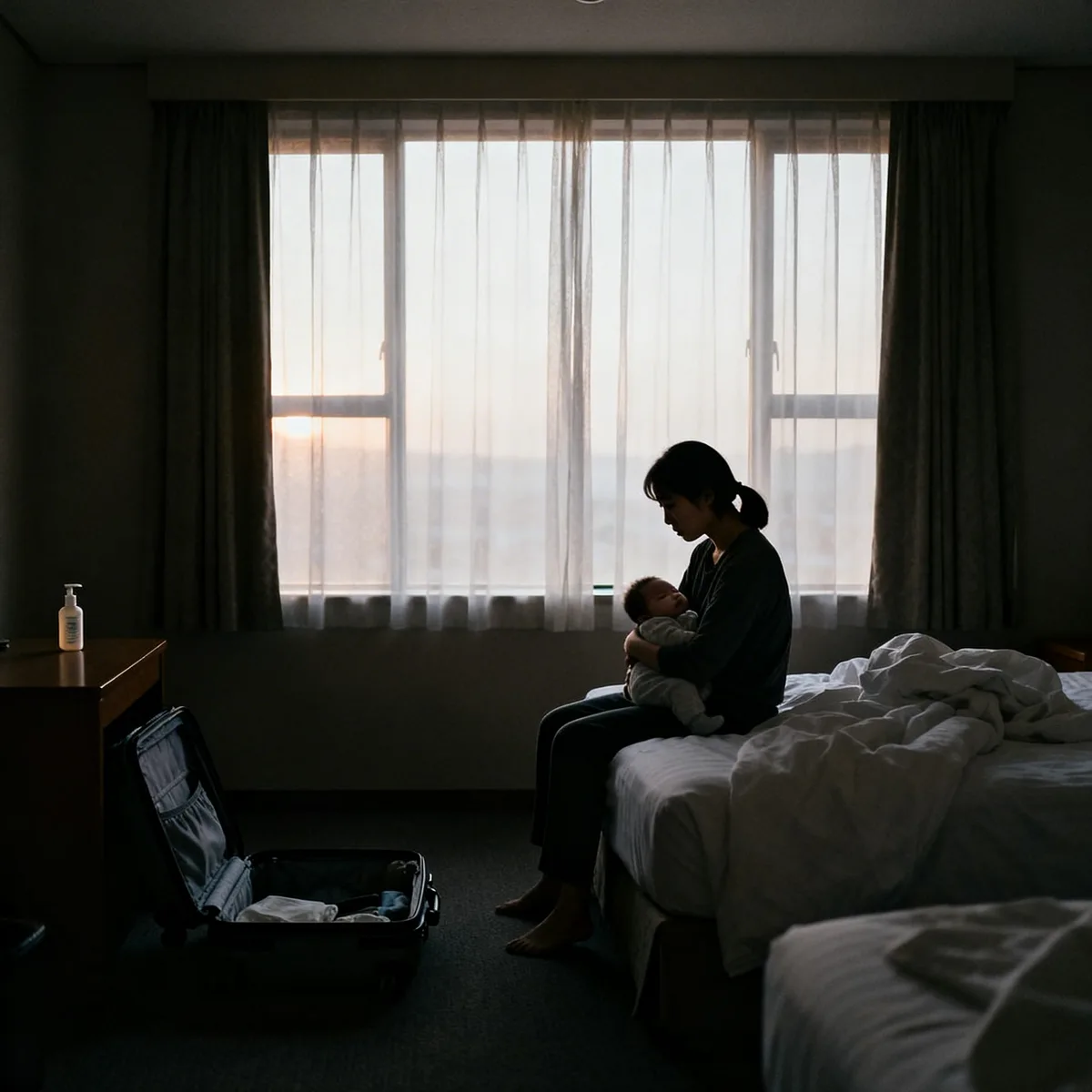 Tired Korean mother holding sleeping baby during jet lag recovery in hotel room
