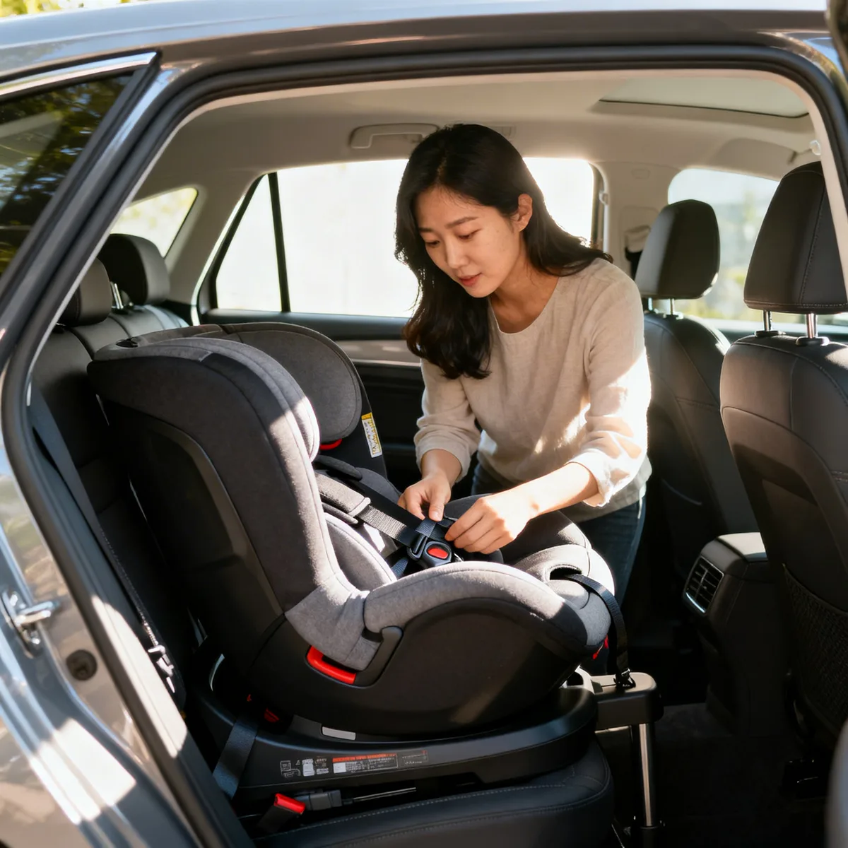Korean mother installing convertible car seat in sedan with natural light