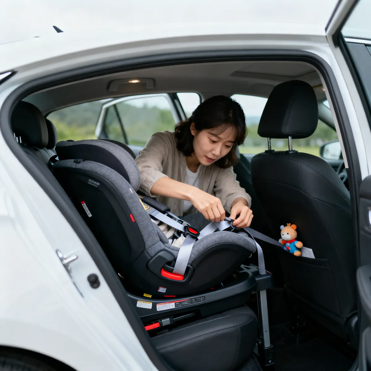 Korean mother installing an infant car seat in sedan for newborn safety
