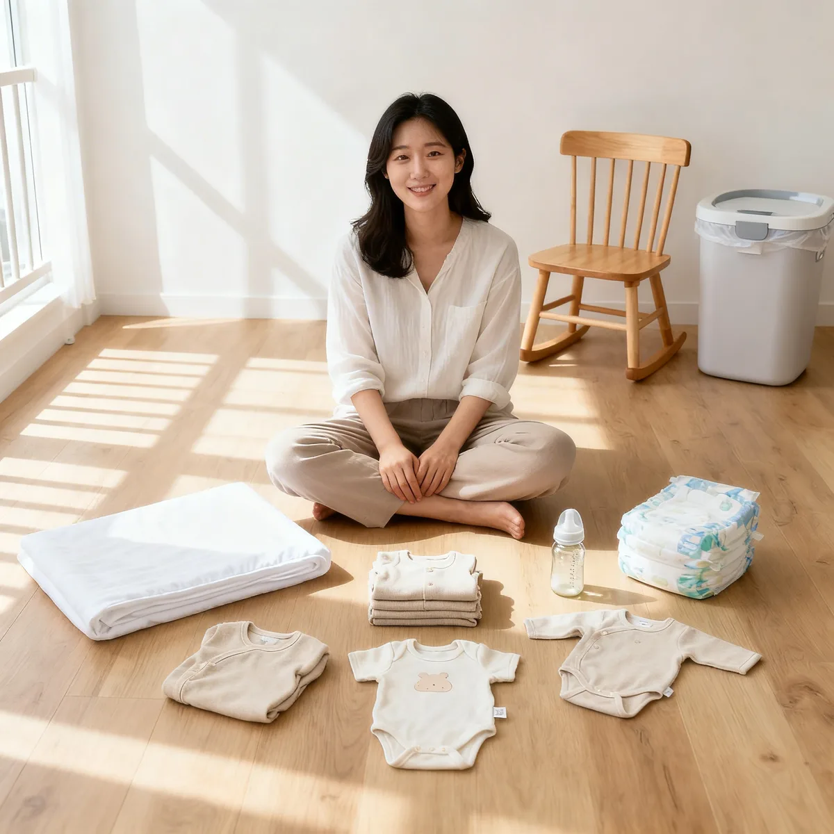 Minimalist baby registry: Korean mother with essential items in a bright, sparse nursery